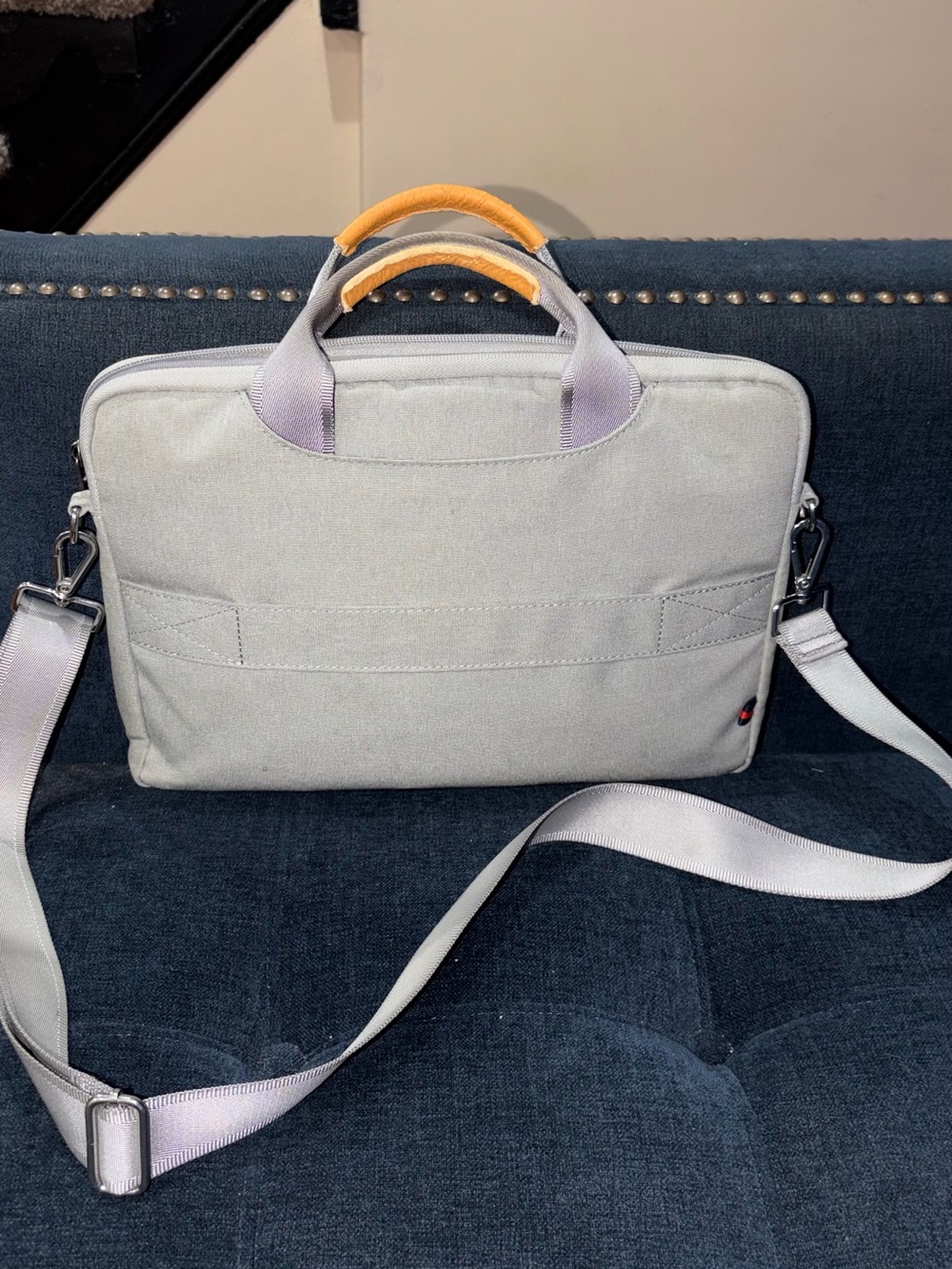 Light Gray Canvas Laptop Briefcase with Yellow Handle Accent
